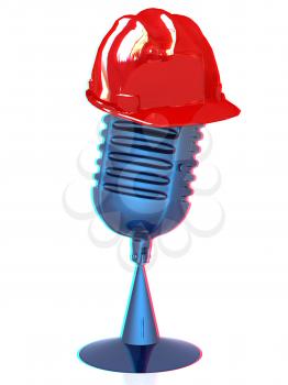 New 3d concept of technology education with microphone and hard hat. 3D illustration. Anaglyph. View with red/cyan glasses to see in 3D.