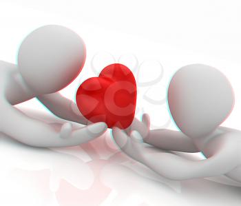 3D humans lying and holds heart. 3D illustration. Anaglyph. View with red/cyan glasses to see in 3D.