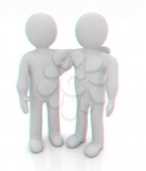 Friends standing next to an embrace. 3d image. Isolated white background. . 3D illustration. Anaglyph. View with red/cyan glasses to see in 3D.