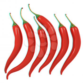 Hot chilli pepper set isolated on white background. 3D illustration. Anaglyph. View with red/cyan glasses to see in 3D.