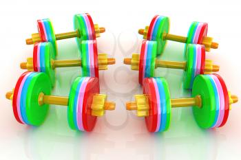 Colorful dumbbells on a white background. 3D illustration. Anaglyph. View with red/cyan glasses to see in 3D.