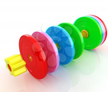 Colorful dumbbells are assembly and disassembly on a white background. 3D illustration. Anaglyph. View with red/cyan glasses to see in 3D.