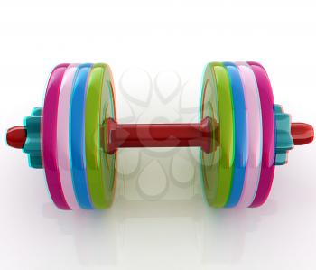 Colorful dumbbells on a white background. 3D illustration. Anaglyph. View with red/cyan glasses to see in 3D.