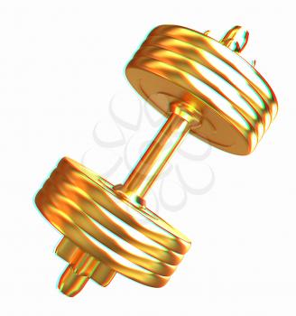 Gold dumbbells isolated on a white background. 3D illustration. Anaglyph. View with red/cyan glasses to see in 3D.