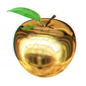 Gold apple isolated on white background. Series: Golden apple under different environments. 3D illustration. Anaglyph. View with red/cyan glasses to see in 3D.