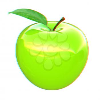 Green apple, isolated on white background . 3D illustration. Anaglyph. View with red/cyan glasses to see in 3D.