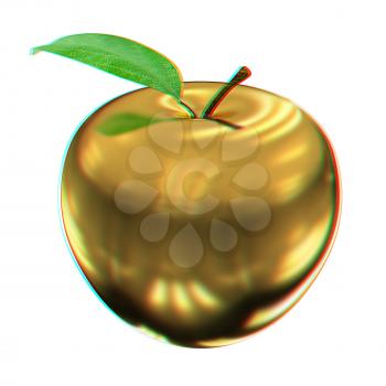 Gold apple isolated on white background. Series: Golden apple under different environments. 3D illustration. Anaglyph. View with red/cyan glasses to see in 3D.