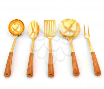 gold cutlery on white background . 3D illustration. Anaglyph. View with red/cyan glasses to see in 3D.