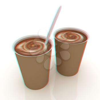 Coffe in fast-food disposable tableware. 3D illustration. Anaglyph. View with red/cyan glasses to see in 3D.