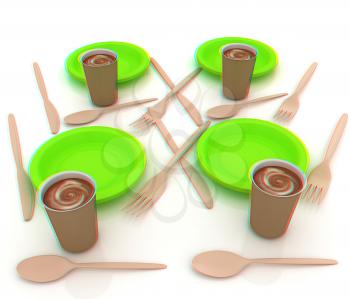 Coffe in fast-food disposable tableware. 3D illustration. Anaglyph. View with red/cyan glasses to see in 3D.