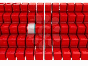 One individuality white cube among the red cubes isolated on white background. 3D illustration. Anaglyph. View with red/cyan glasses to see in 3D.