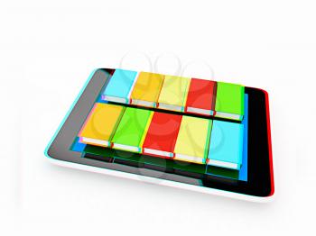 tablet pc and colorful real books on white background. 3D illustration. Anaglyph. View with red/cyan glasses to see in 3D.