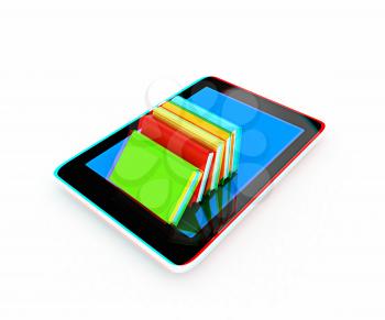 tablet pc and colorful real books on white background. 3D illustration. Anaglyph. View with red/cyan glasses to see in 3D.