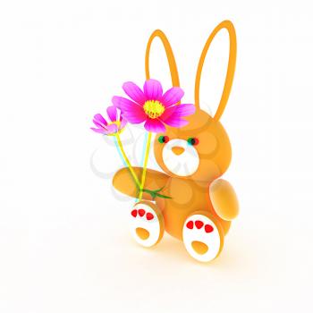 soft toy hare with a little red hearts on white paws and cosmos flower on a white background. 3D illustration. Anaglyph. View with red/cyan glasses to see in 3D.