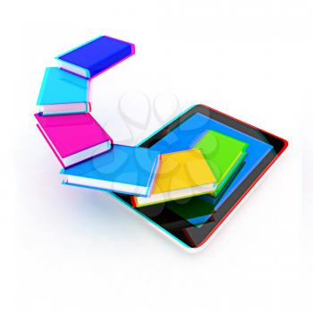 tablet pc and colorful real books on white background. 3D illustration. Anaglyph. View with red/cyan glasses to see in 3D.