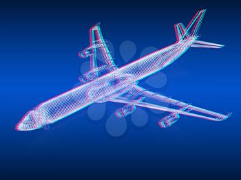 3d model Flying airplane on gradient background. 3D illustration. Anaglyph. View with red/cyan glasses to see in 3D.