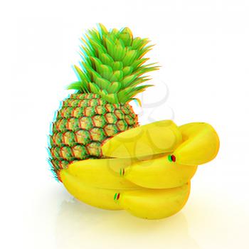 pineapple and bananas on a white background. 3D illustration. Anaglyph. View with red/cyan glasses to see in 3D.