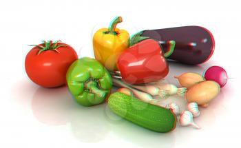 fresh vegetables with green leaves on a white background. 3D illustration. Anaglyph. View with red/cyan glasses to see in 3D.