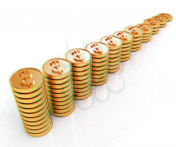 Gold dollar coin stack isolated on white . 3D illustration. Anaglyph. View with red/cyan glasses to see in 3D.