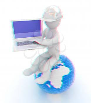 3d man in a hard hat sitting on earth and working at his laptop on a white background. 3D illustration. Anaglyph. View with red/cyan glasses to see in 3D.