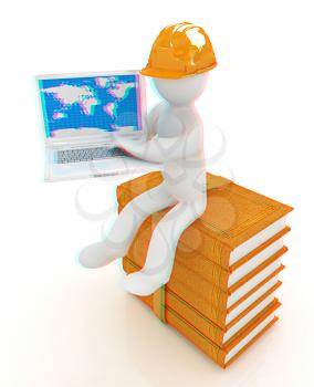 3d man in hard hat sitting on books and working at his laptop on a white background. 3D illustration. Anaglyph. View with red/cyan glasses to see in 3D.