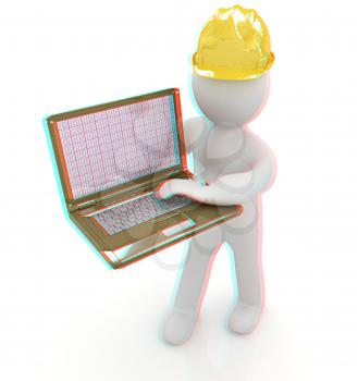 3D small people - an engineer with the laptop on a white background. 3D illustration. Anaglyph. View with red/cyan glasses to see in 3D.