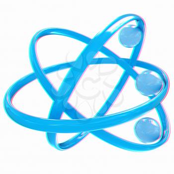 3d atom isolated on white background . 3D illustration. Anaglyph. View with red/cyan glasses to see in 3D.