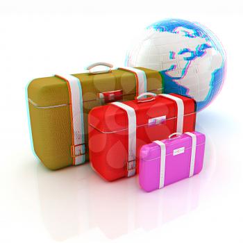 Traveler's suitcases. Family travel concept. 3D illustration. Anaglyph. View with red/cyan glasses to see in 3D.