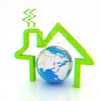 3d green icon house, earth on white background . 3D illustration. Anaglyph. View with red/cyan glasses to see in 3D.