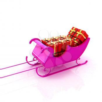 Christmas Santa sledge with gifts on a white background . 3D illustration. Anaglyph. View with red/cyan glasses to see in 3D.