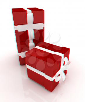 Bright christmas gifts on a white background . 3D illustration. Anaglyph. View with red/cyan glasses to see in 3D.