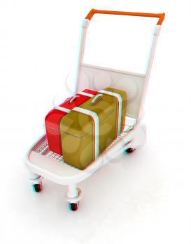 Trolley for luggage at the airport and luggage. 3D illustration. Anaglyph. View with red/cyan glasses to see in 3D.