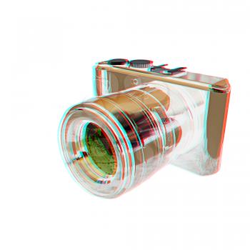 3d illustration of photographic camera on white background. 3D illustration. Anaglyph. View with red/cyan glasses to see in 3D.