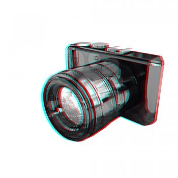 3d illustration of photographic camera on white background. 3D illustration. Anaglyph. View with red/cyan glasses to see in 3D.