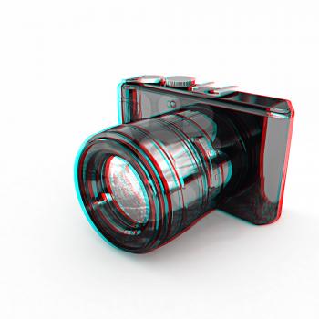 3d illustration of photographic camera on white background. 3D illustration. Anaglyph. View with red/cyan glasses to see in 3D.