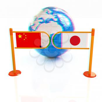 Three-dimensional image of the turnstile and flags of China and Japan on a white background . 3D illustration. Anaglyph. View with red/cyan glasses to see in 3D.