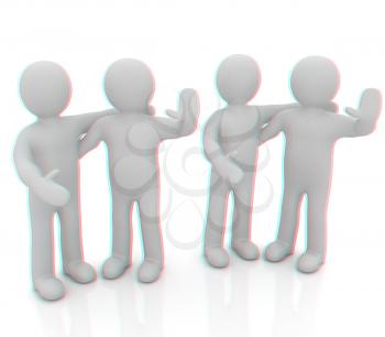 Friends standing next to an embrace and raised one's hand for greeting. 3d image. Isolated white background. . 3D illustration. Anaglyph. View with red/cyan glasses to see in 3D.