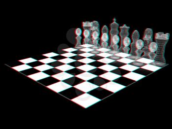 Chessboard with chess pieces. 3D illustration. Anaglyph. View with red/cyan glasses to see in 3D.