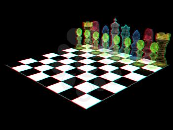 Chessboard with chess pieces. 3D illustration. Anaglyph. View with red/cyan glasses to see in 3D.