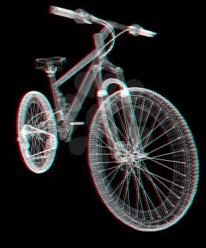 bicycle as a 3d wire frame object isolated. 3D illustration. Anaglyph. View with red/cyan glasses to see in 3D.