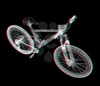 bicycle as a 3d wire frame object isolated. 3D illustration. Anaglyph. View with red/cyan glasses to see in 3D.