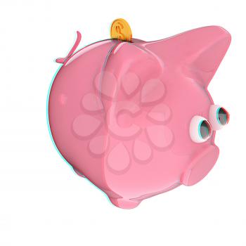 Piggy bank with gold coin on white. 3D illustration. Anaglyph. View with red/cyan glasses to see in 3D.