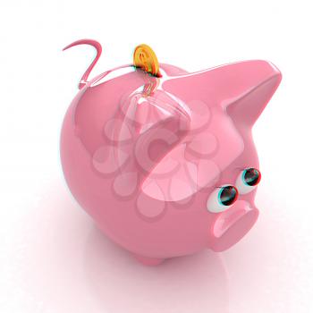 Piggy bank with gold coin on white. 3D illustration. Anaglyph. View with red/cyan glasses to see in 3D.