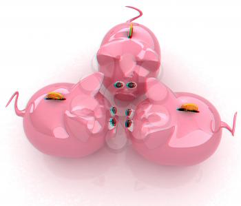 Piggy bank with gold coin on white. 3D illustration. Anaglyph. View with red/cyan glasses to see in 3D.