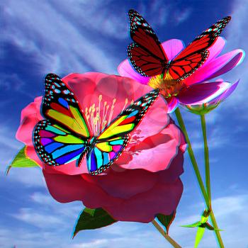 Beautiful Flower and butterfly against the sky . 3D illustration. Anaglyph. View with red/cyan glasses to see in 3D.