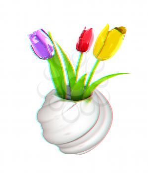 Tulips with leaf in vase. 3D illustration. Anaglyph. View with red/cyan glasses to see in 3D.