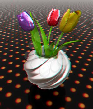 Tulips with leaf in vase. 3D illustration. Anaglyph. View with red/cyan glasses to see in 3D.