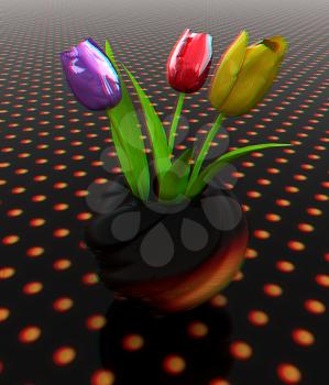 Tulips with leaf in vase. 3D illustration. Anaglyph. View with red/cyan glasses to see in 3D.