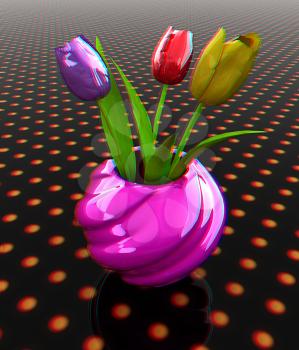 Tulips with leaf in vase. 3D illustration. Anaglyph. View with red/cyan glasses to see in 3D.