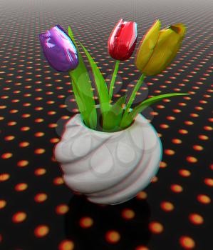 Tulips with leaf in vase. 3D illustration. Anaglyph. View with red/cyan glasses to see in 3D.